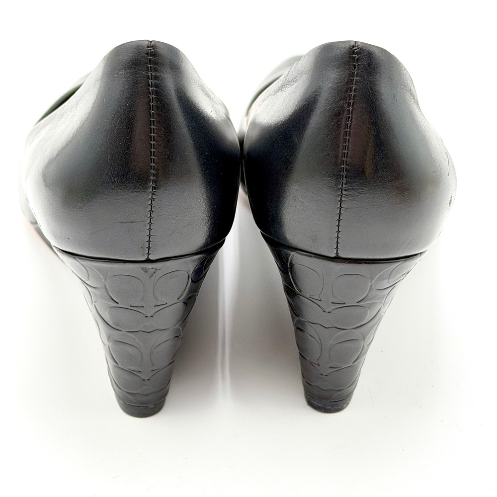 Coach Black Leather Peep Toe Wedge Pumps Embossed Logo Heel 7.5B - Picture 5 of 9